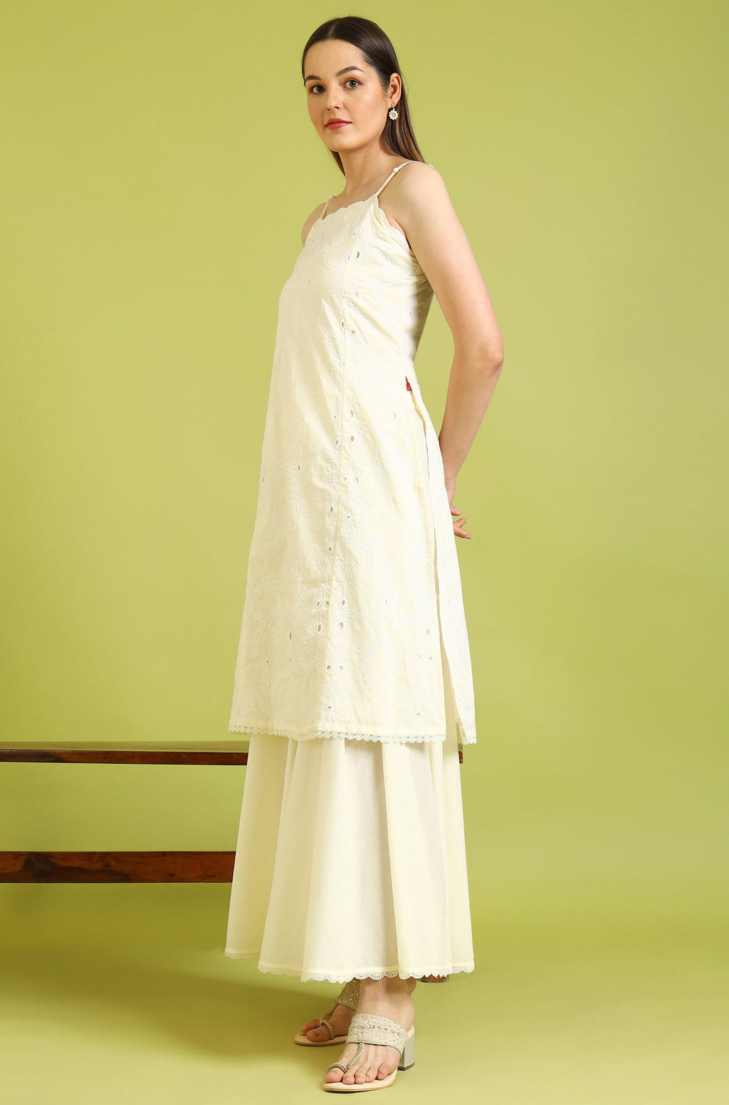 W for Woman White Embroidered Pure Cotton Straight Spaghetti Kurta and Sharara Set with Dupatta | Grocsy