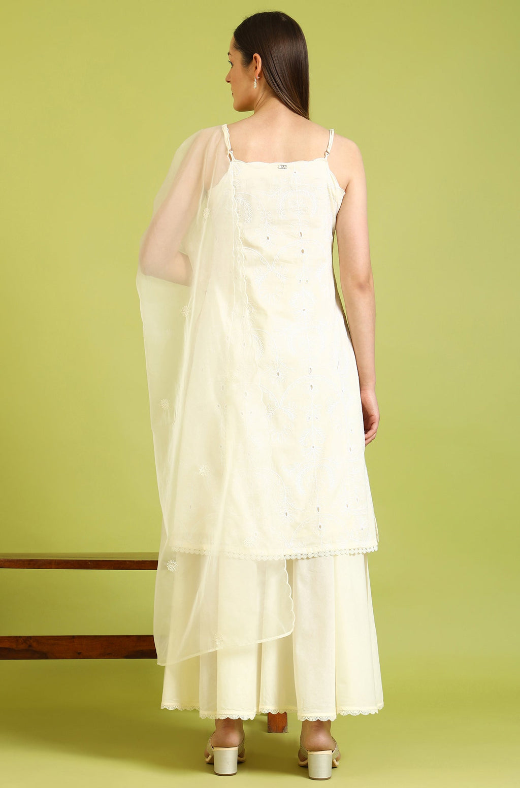 W for Woman White Embroidered Pure Cotton Straight Spaghetti Kurta and Sharara Set with Dupatta | Grocsy