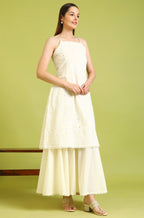 W for Woman White Embroidered Pure Cotton Straight Spaghetti Kurta and Sharara Set with Dupatta | Grocsy