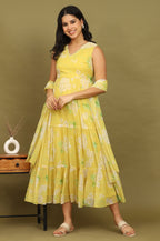 W for Woman Yellow Floral Printed Tiered Dress and Dupatta Set | Grocsy