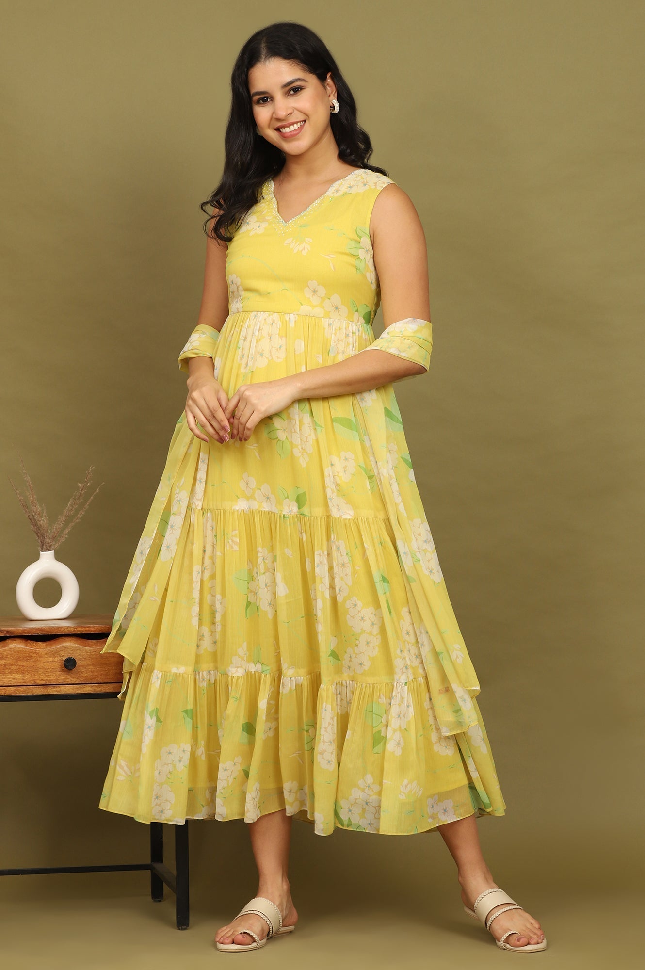 W for Woman Yellow Floral Printed Tiered Dress and Dupatta Set | Grocsy