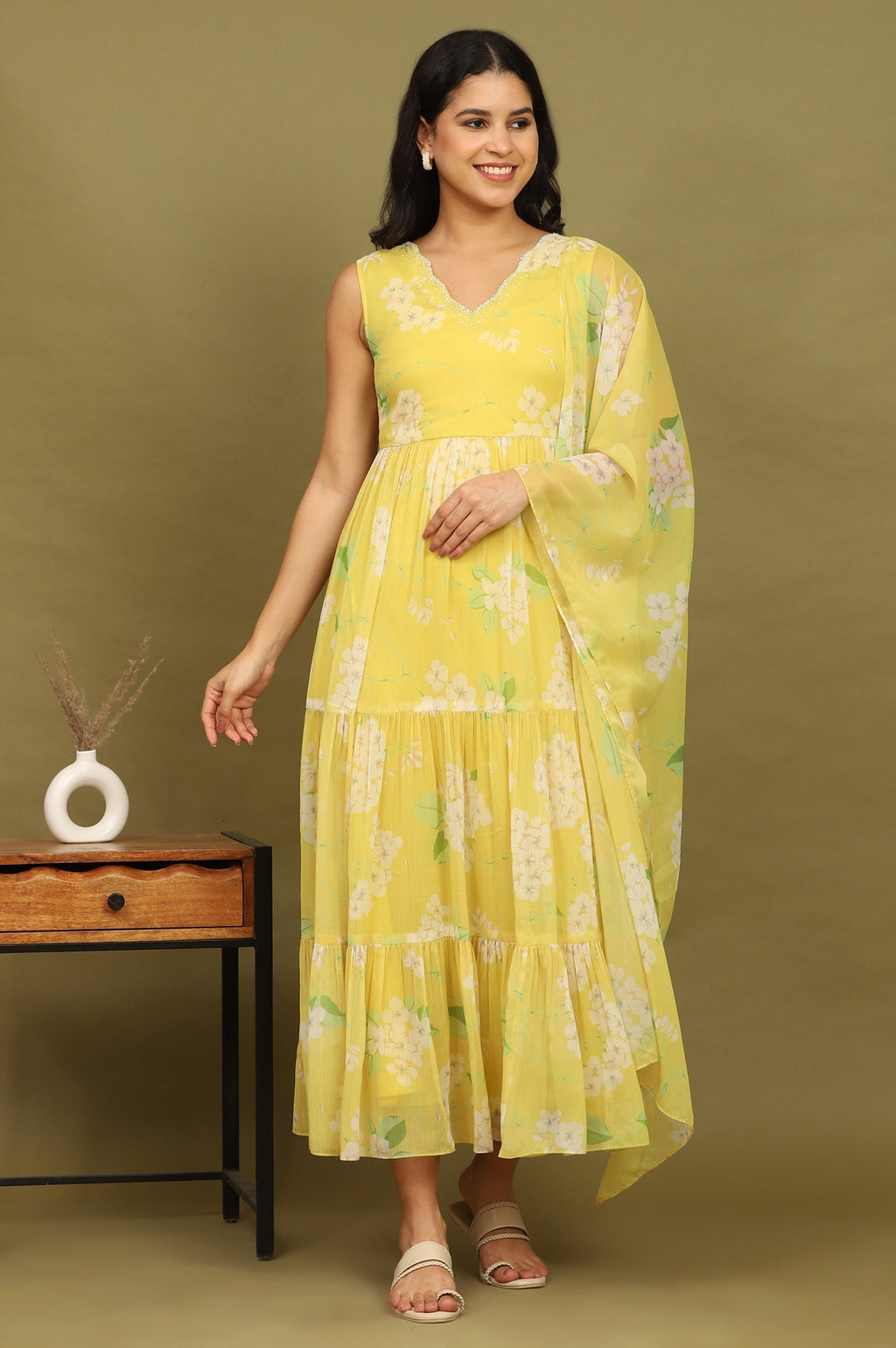 W for Woman Yellow Floral Printed Tiered Dress and Dupatta Set | Grocsy