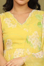 W for Woman Yellow Floral Printed Tiered Dress and Dupatta Set | Grocsy