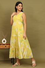 W for Woman Yellow Floral Printed Tiered Dress and Dupatta Set | Grocsy