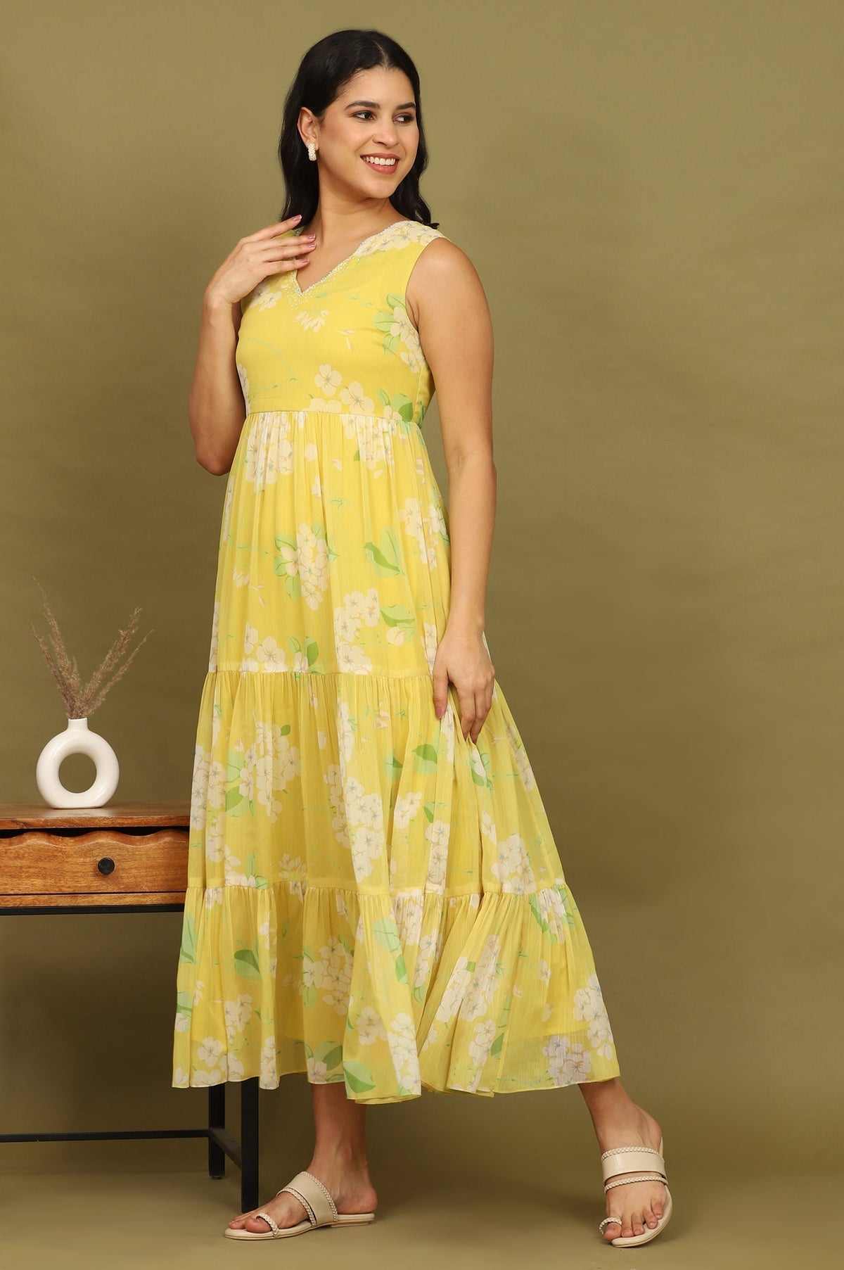 W for Woman Yellow Floral Printed Tiered Dress and Dupatta Set | Grocsy