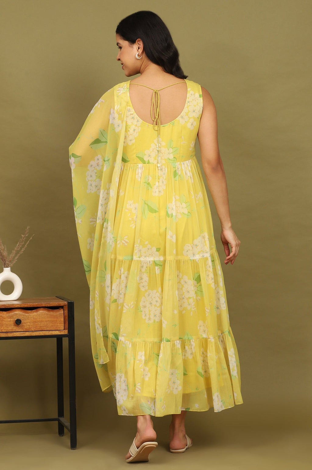 W for Woman Yellow Floral Printed Tiered Dress and Dupatta Set | Grocsy