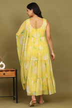 W for Woman Yellow Floral Printed Tiered Dress and Dupatta Set | Grocsy