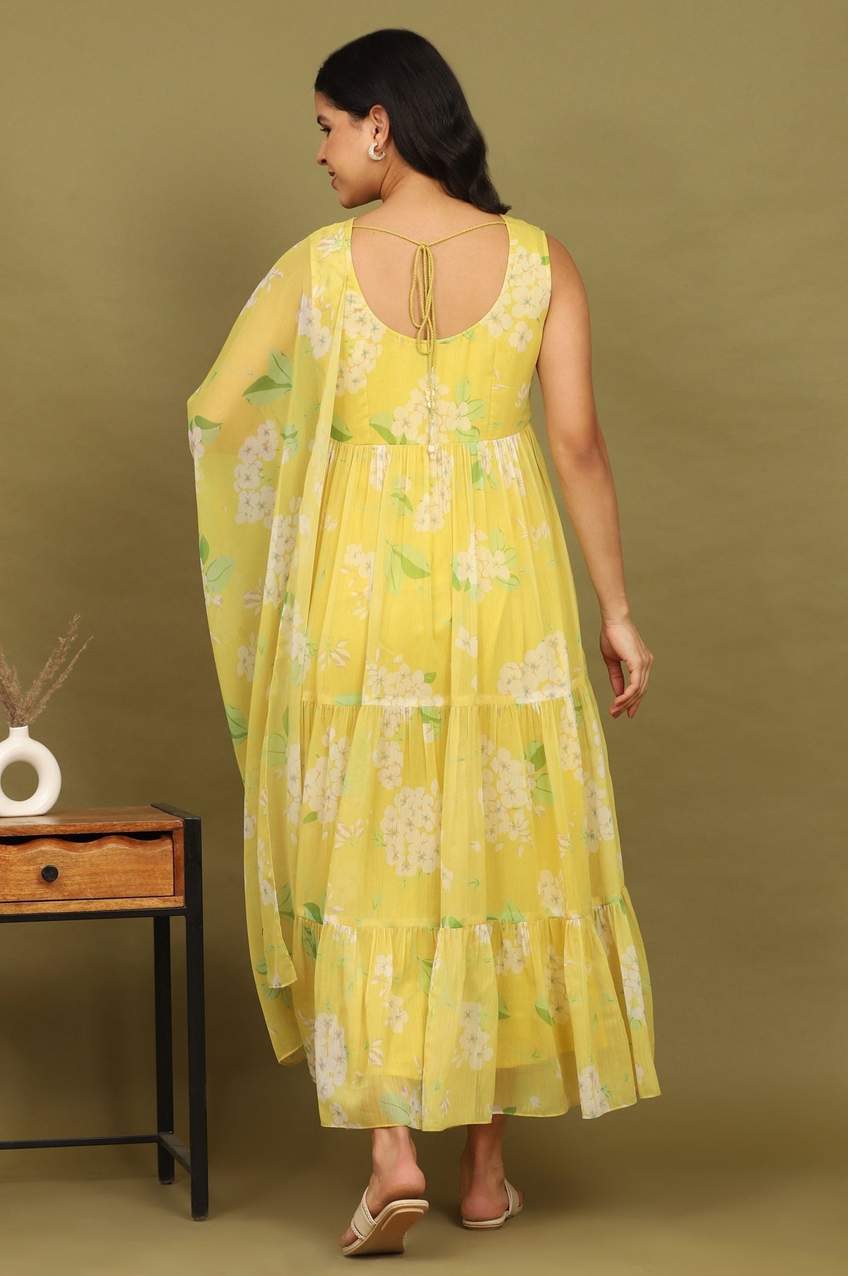 W for Woman Yellow Floral Printed Tiered Dress and Dupatta Set | Grocsy