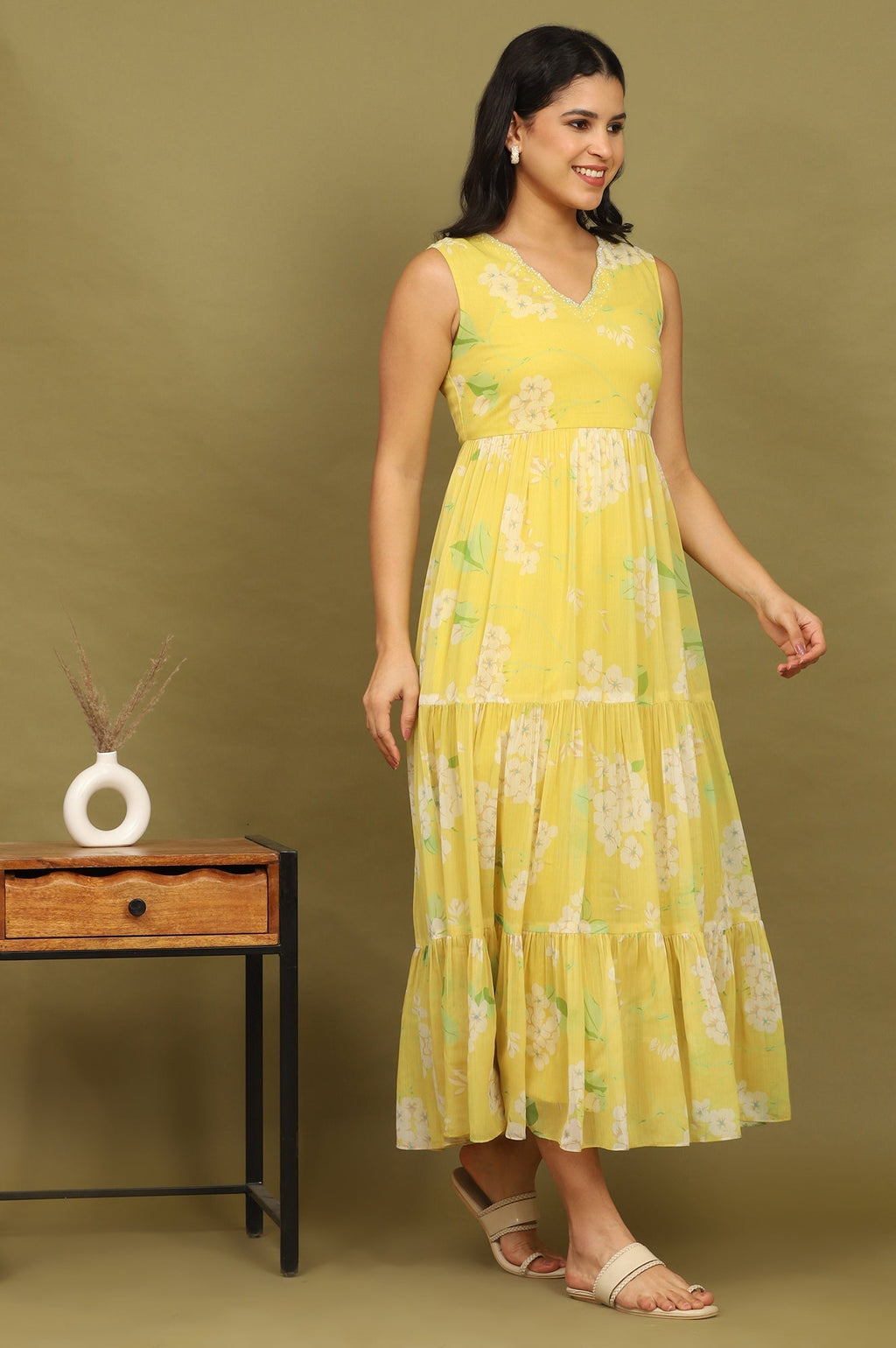 W for Woman Yellow Floral Printed Tiered Dress and Dupatta Set | Grocsy