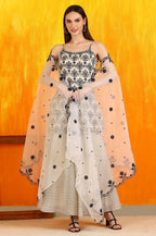 W for Woman Off-White and Black Floral Printed Chanderi Short Kurta and Sharara Set with Dupatta | Grocsy