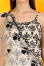 W for Woman Off-White and Black Floral Printed Chanderi Short Kurta and Sharara Set with Dupatta | Grocsy