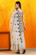 W for Woman Off-White and Black Floral Printed Chanderi Short Kurta and Sharara Set with Dupatta | Grocsy