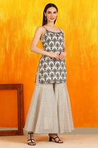 W for Woman Off-White and Black Floral Printed Chanderi Short Kurta and Sharara Set with Dupatta | Grocsy