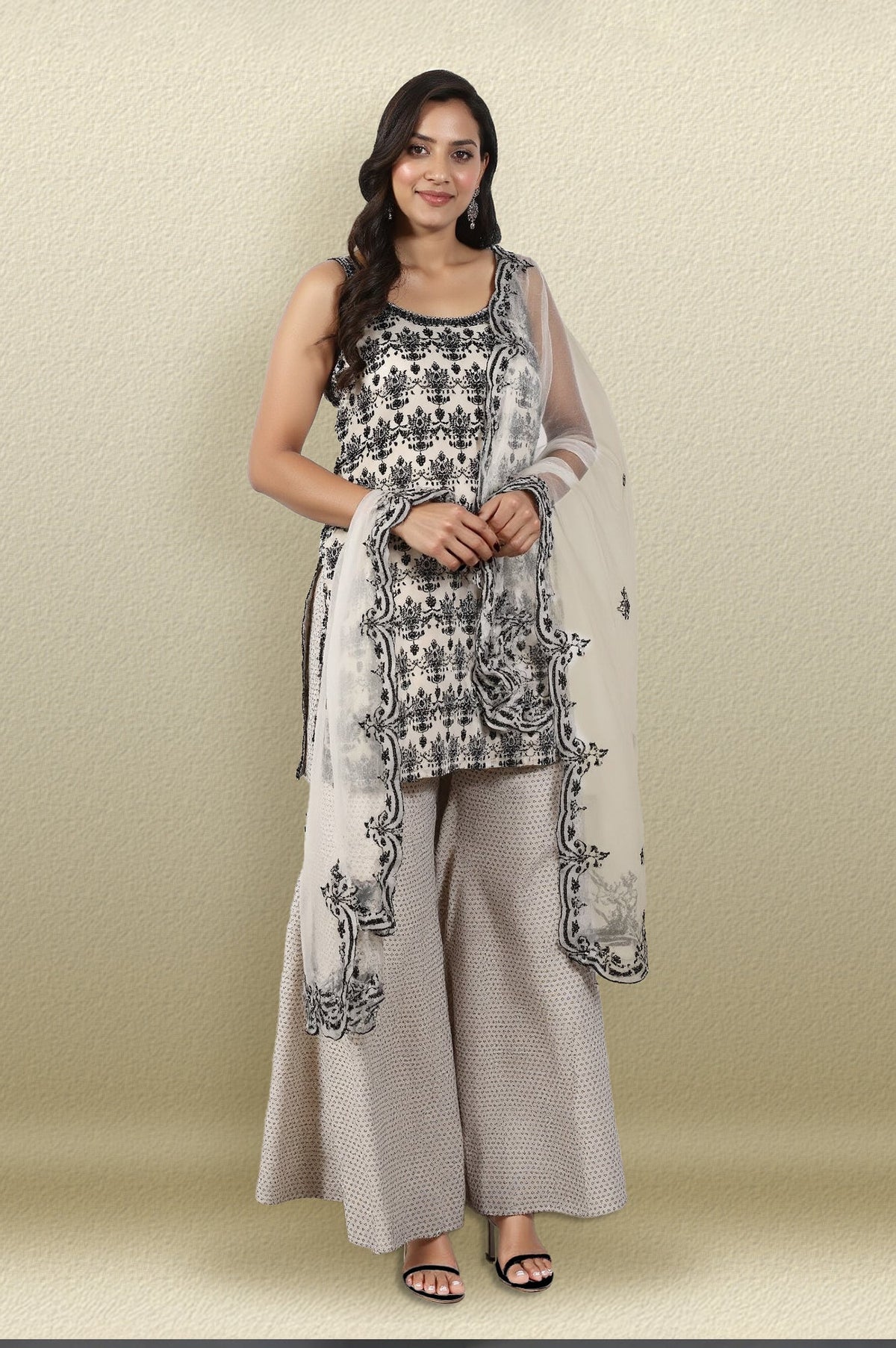 W for Woman Off-White and Black Floral Printed Chanderi Short Kurta and Sharara Set with Dupatta | Grocsy
