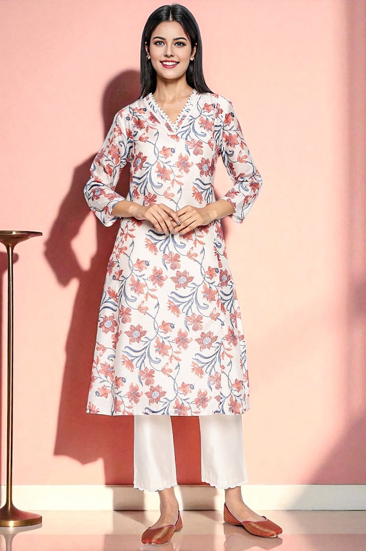 W for Woman Walnut Beige Printed Chanderi A-line Kurta and Straight Pant Set | Grocsy