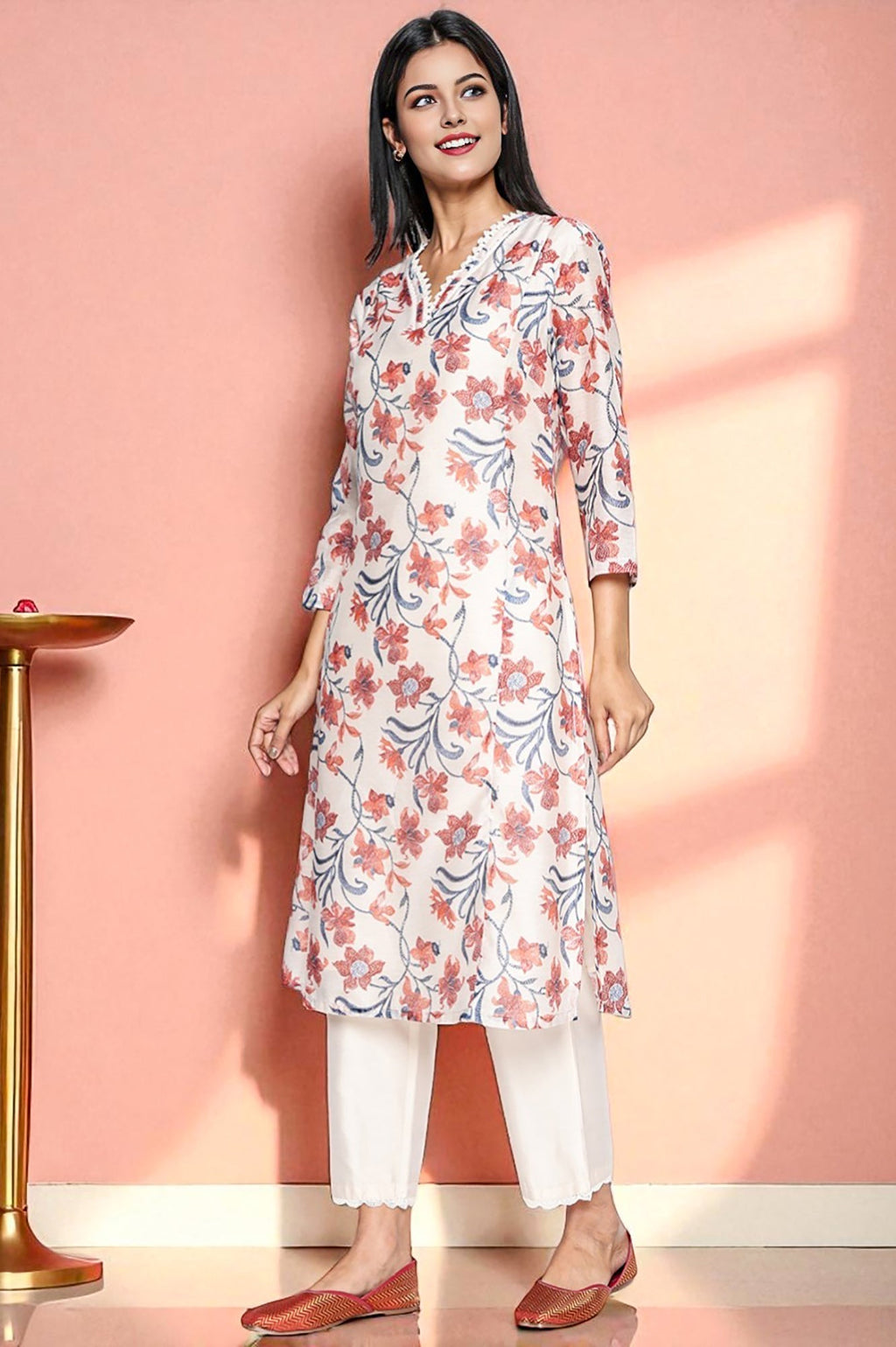 W for Woman Walnut Beige Printed Chanderi A-line Kurta and Straight Pant Set | Grocsy