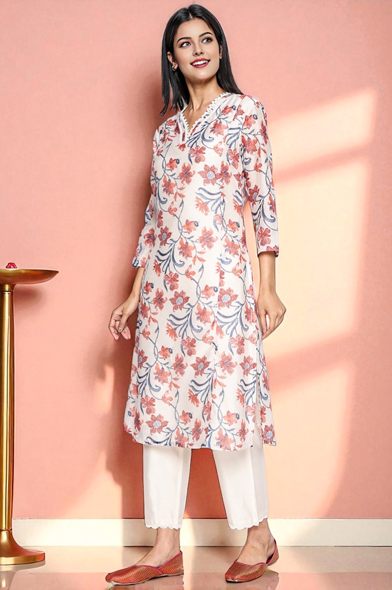 W for Woman Walnut Beige Printed Chanderi A-line Kurta and Straight Pant Set | Grocsy
