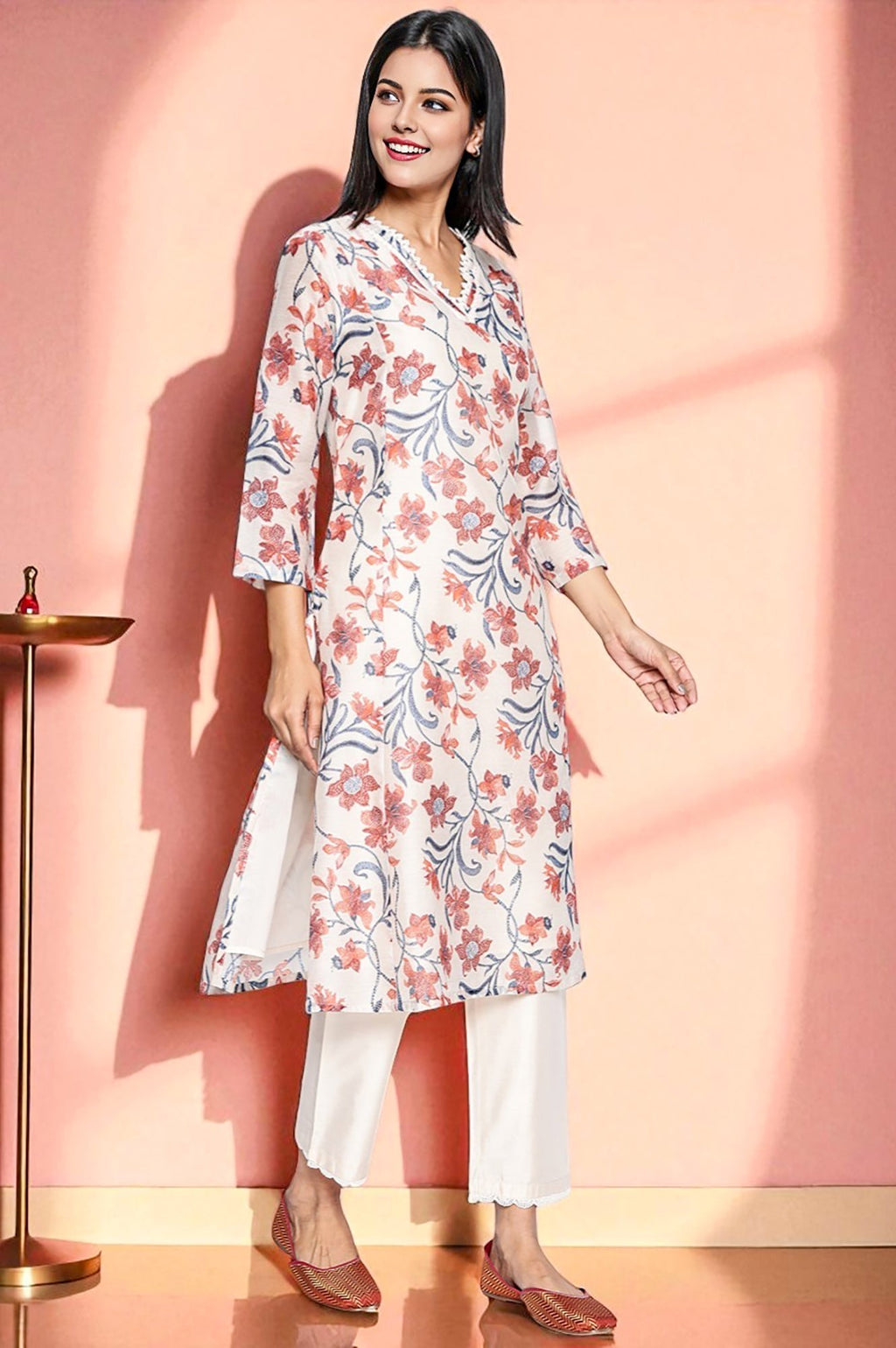 W for Woman Walnut Beige Printed Chanderi A-line Kurta and Straight Pant Set | Grocsy
