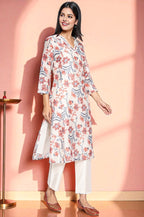 W for Woman Walnut Beige Printed Chanderi A-line Kurta and Straight Pant Set | Grocsy