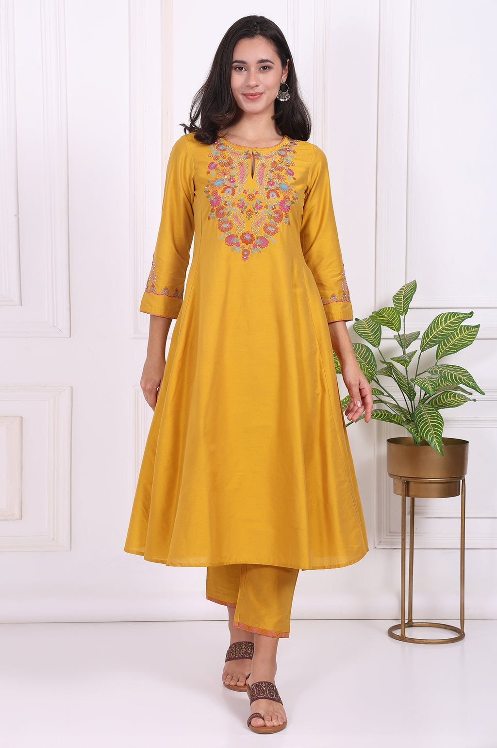 W for Woman Yellow Embroidered Flared Kurta | Grocsy