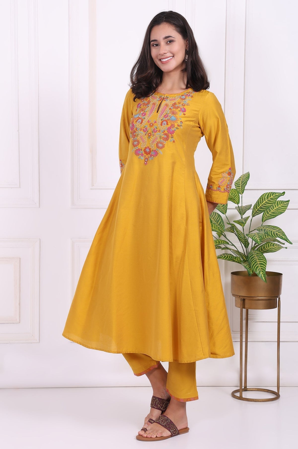 W for Woman Yellow Embroidered Flared Kurta | Grocsy