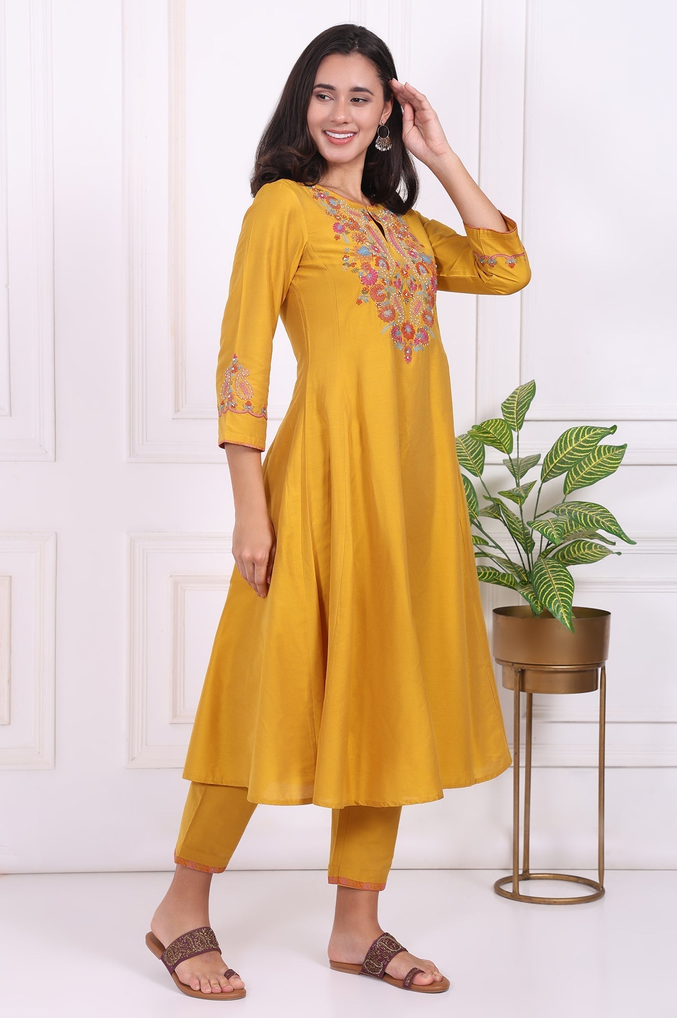 W for Woman Yellow Embroidered Flared Kurta | Grocsy