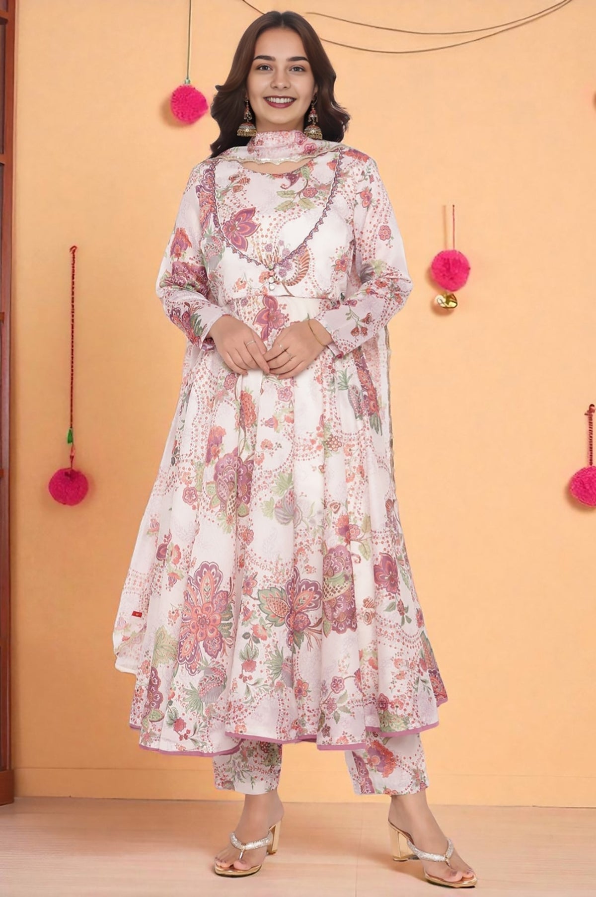 W for Woman Ecru Printed Chanderi Flared Kurta, Straight Pant and Dupatta Set | Grocsy