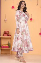 W for Woman Ecru Printed Chanderi Flared Kurta, Straight Pant and Dupatta Set | Grocsy