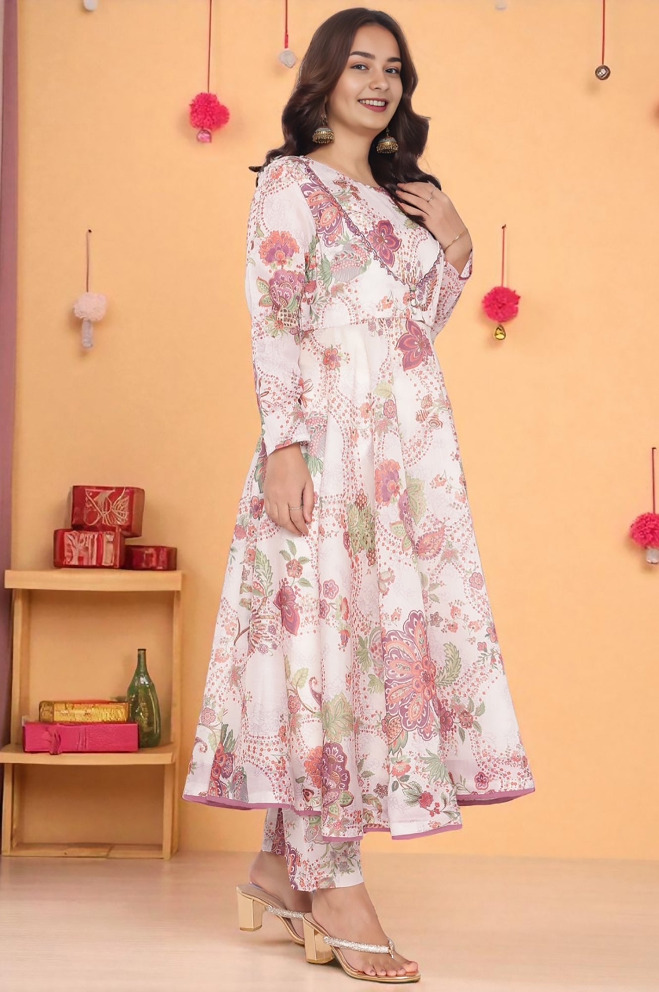 W for Woman Ecru Printed Chanderi Flared Kurta, Straight Pant and Dupatta Set | Grocsy