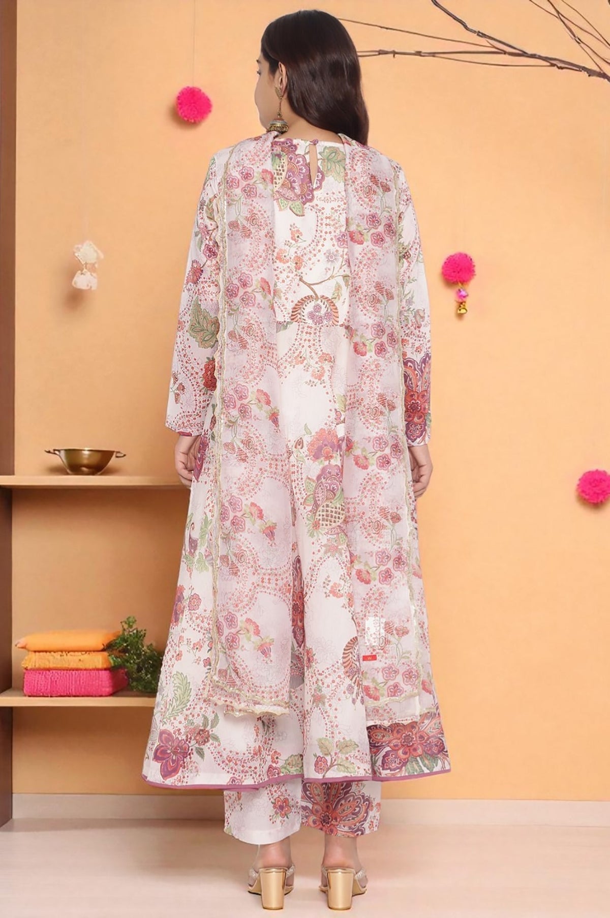 W for Woman Ecru Printed Chanderi Flared Kurta, Straight Pant and Dupatta Set | Grocsy