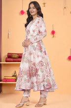 W for Woman Ecru Printed Chanderi Flared Kurta, Straight Pant and Dupatta Set | Grocsy