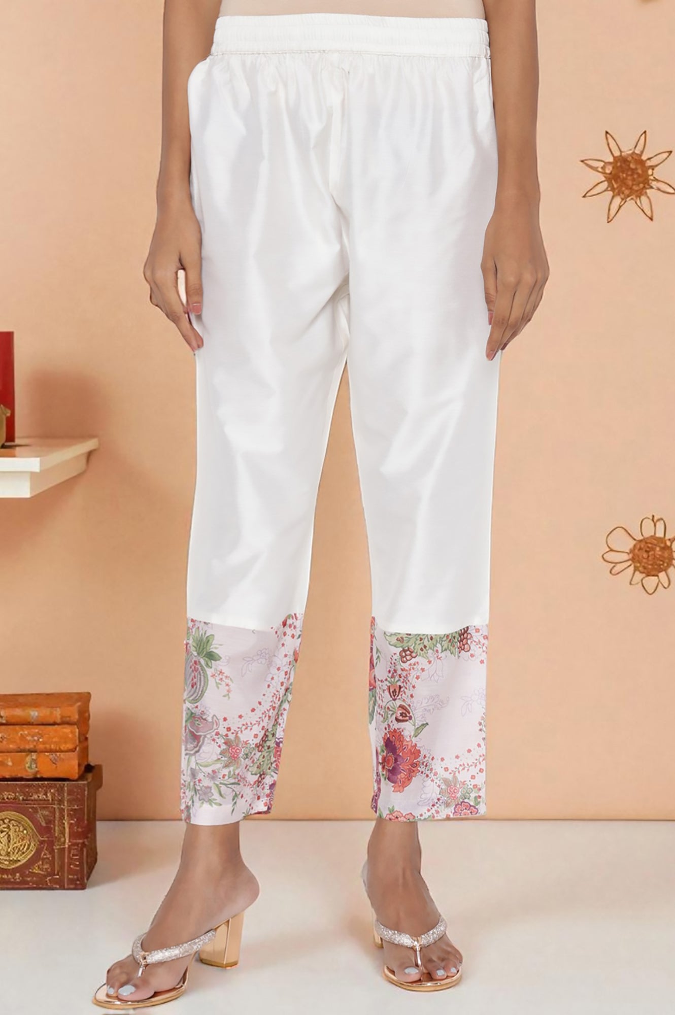 W for Woman Ecru Printed Chanderi Flared Kurta, Straight Pant and Dupatta Set | Grocsy