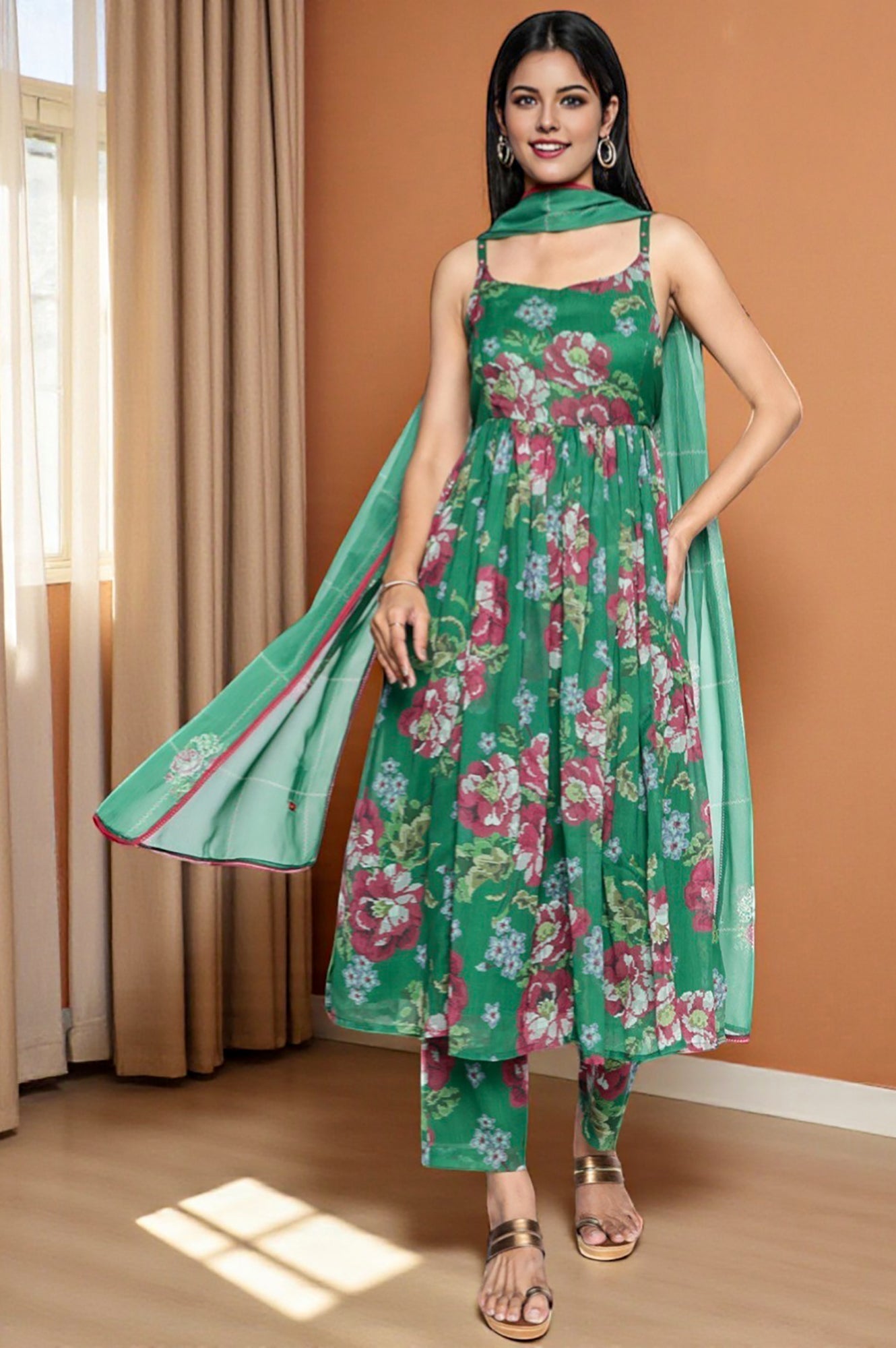 W for Woman Green Printed Chiffon Flared Kurta, Straight Pant and Dupatta Set | Grocsy