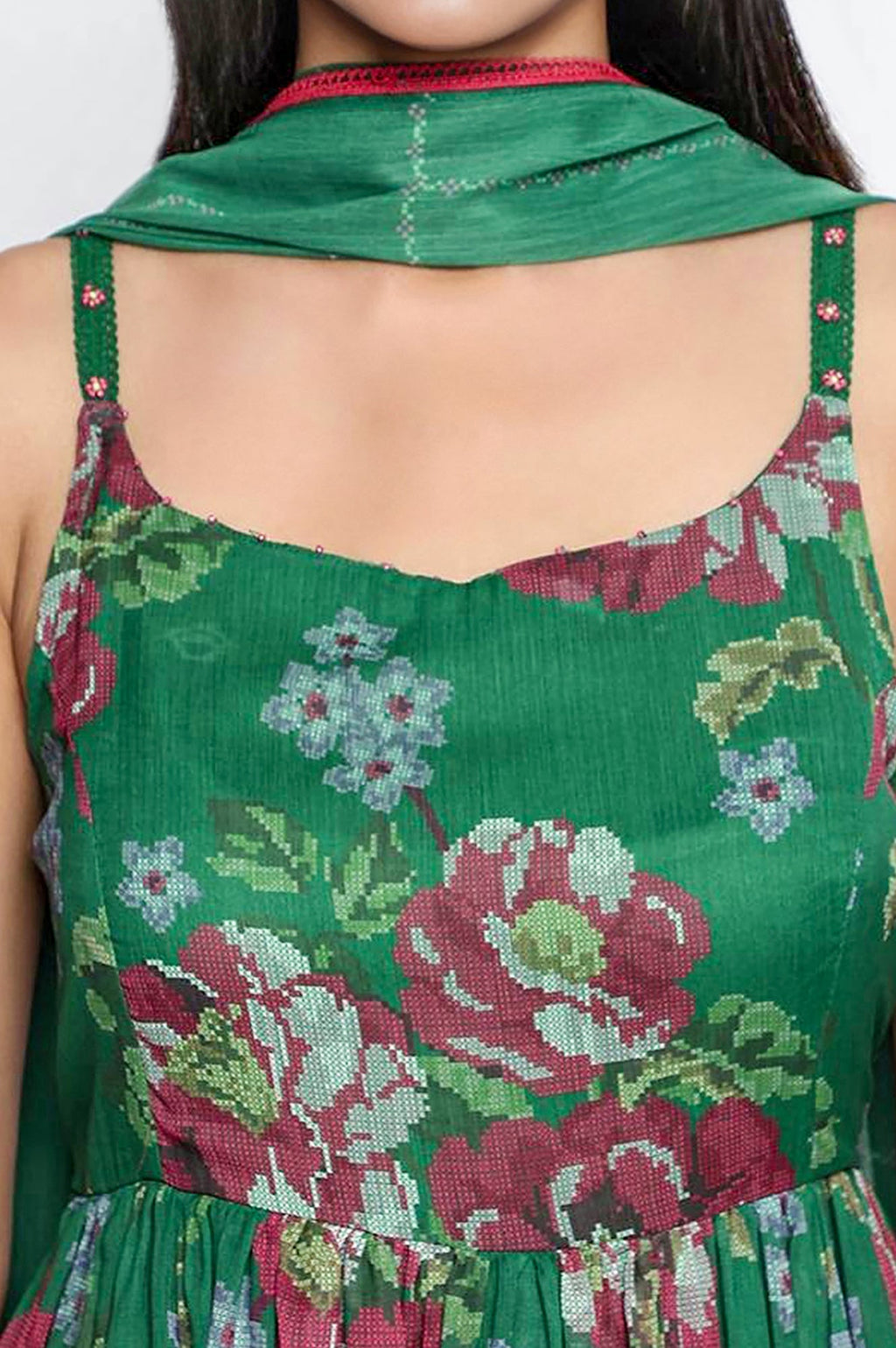 W for Woman Green Printed Chiffon Flared Kurta, Straight Pant and Dupatta Set | Grocsy