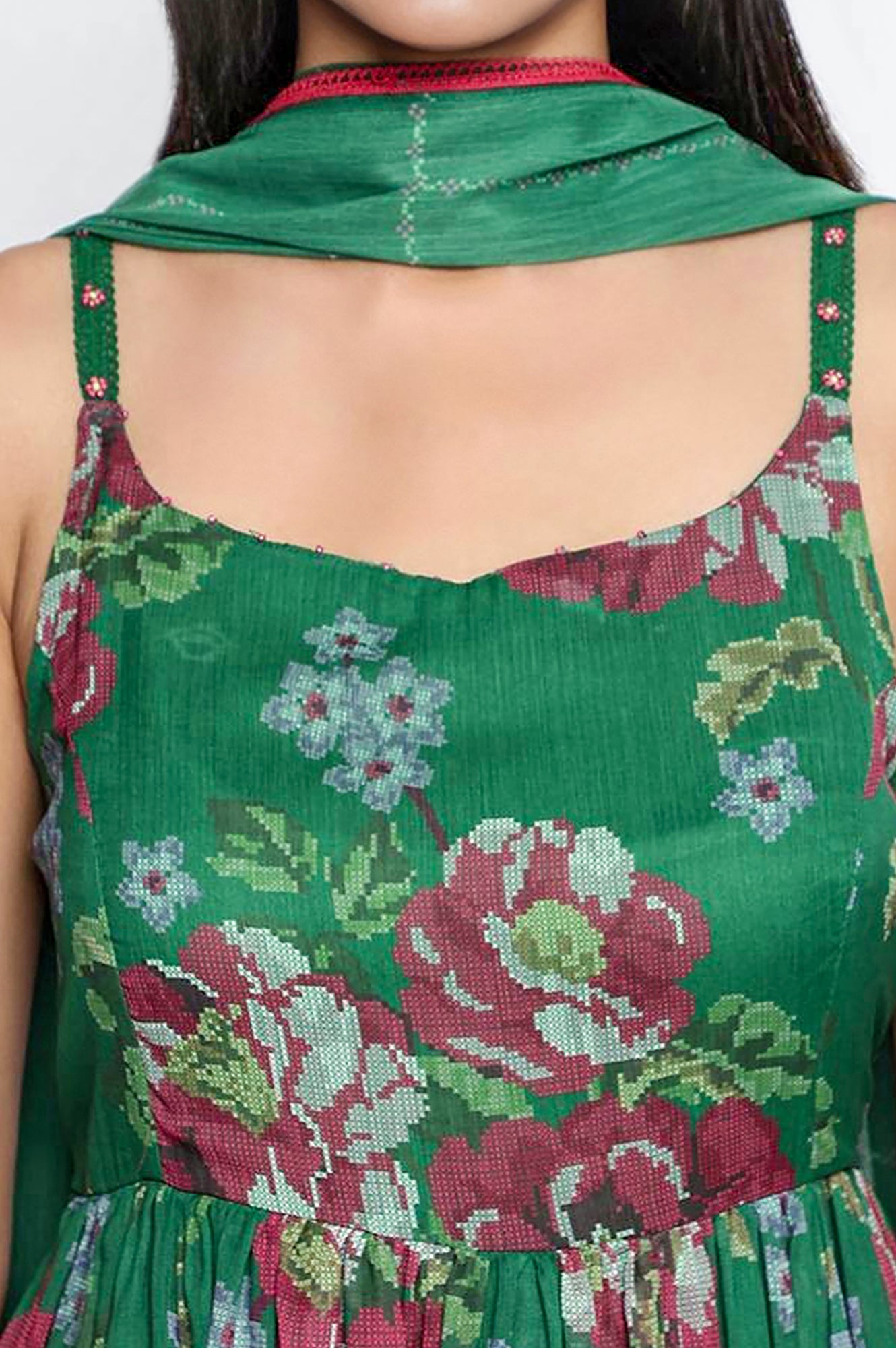 W for Woman Green Printed Chiffon Flared Kurta, Straight Pant and Dupatta Set | Grocsy