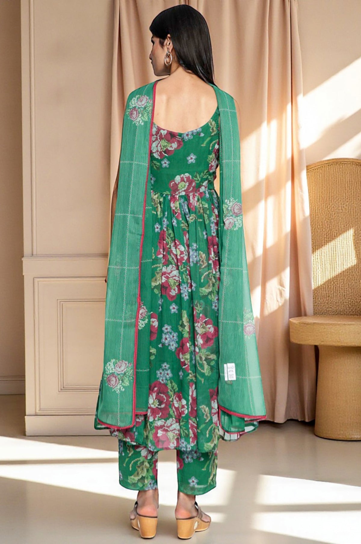W for Woman Green Printed Chiffon Flared Kurta, Straight Pant and Dupatta Set | Grocsy
