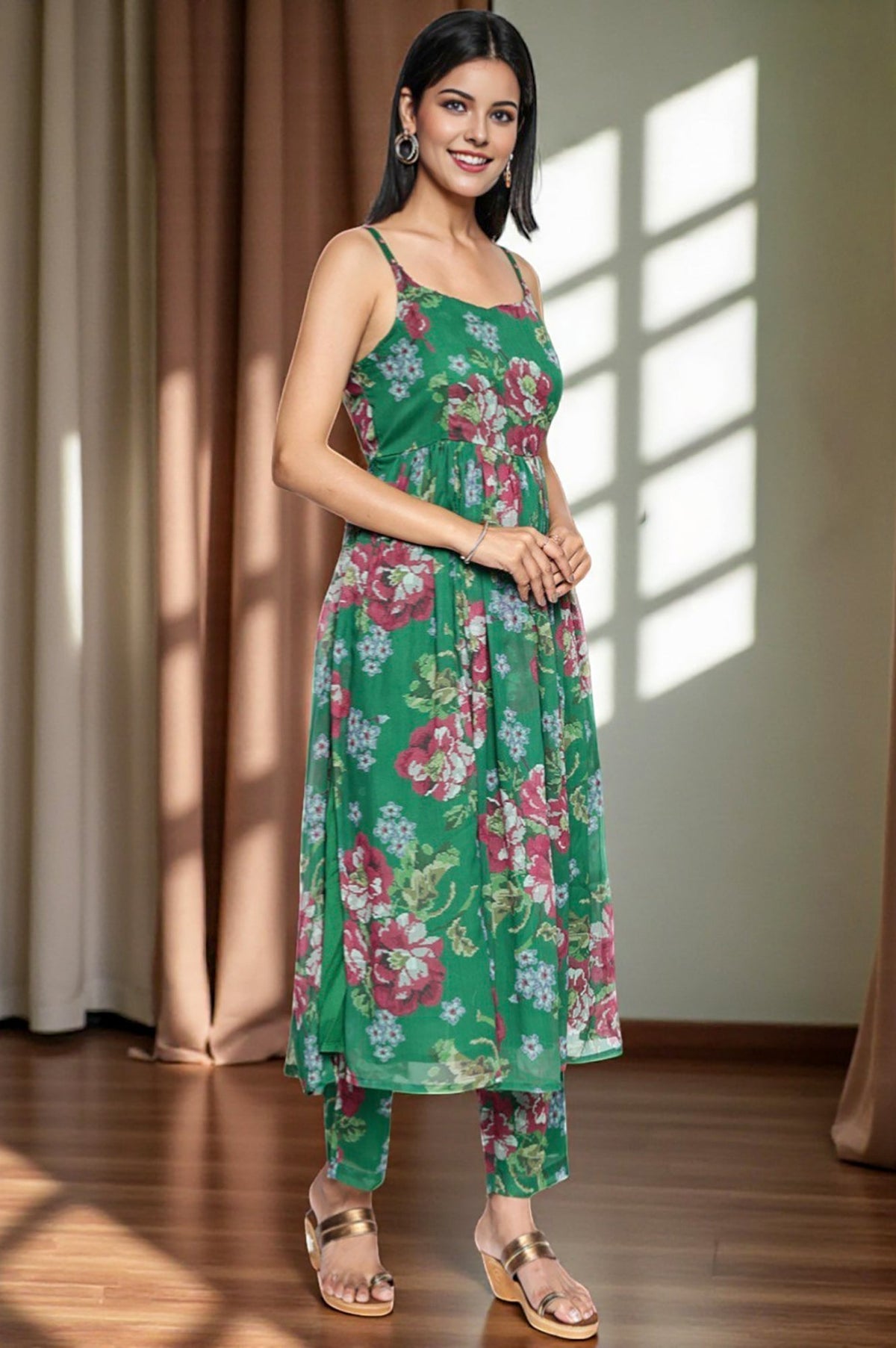 W for Woman Green Printed Chiffon Flared Kurta, Straight Pant and Dupatta Set | Grocsy