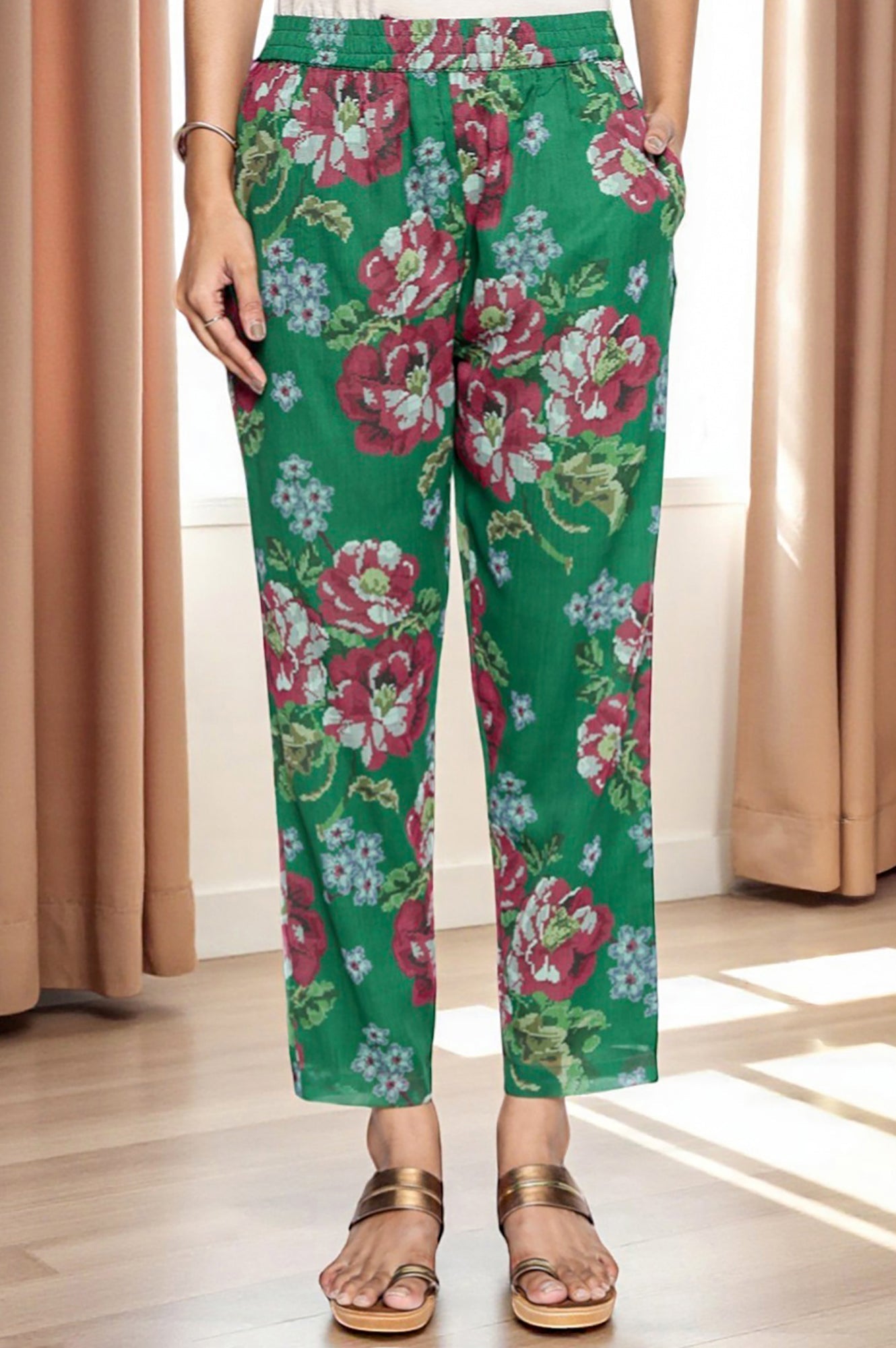 W for Woman Green Printed Chiffon Flared Kurta, Straight Pant and Dupatta Set | Grocsy