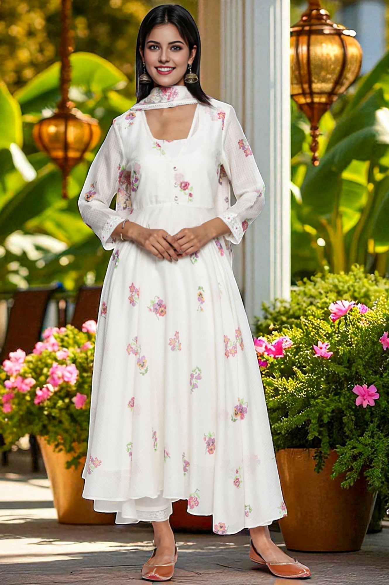 W for Woman Ecru Printed Kota Flared Kurta, Straight Pant and Dupatta Set | Grocsy
