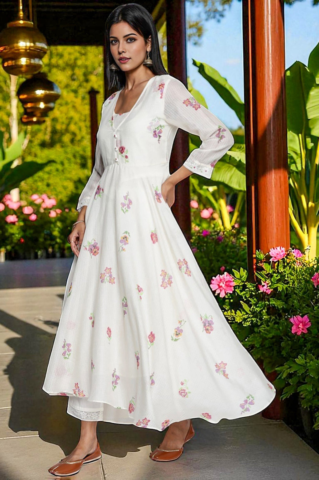 W for Woman Ecru Printed Kota Flared Kurta, Straight Pant and Dupatta Set | Grocsy