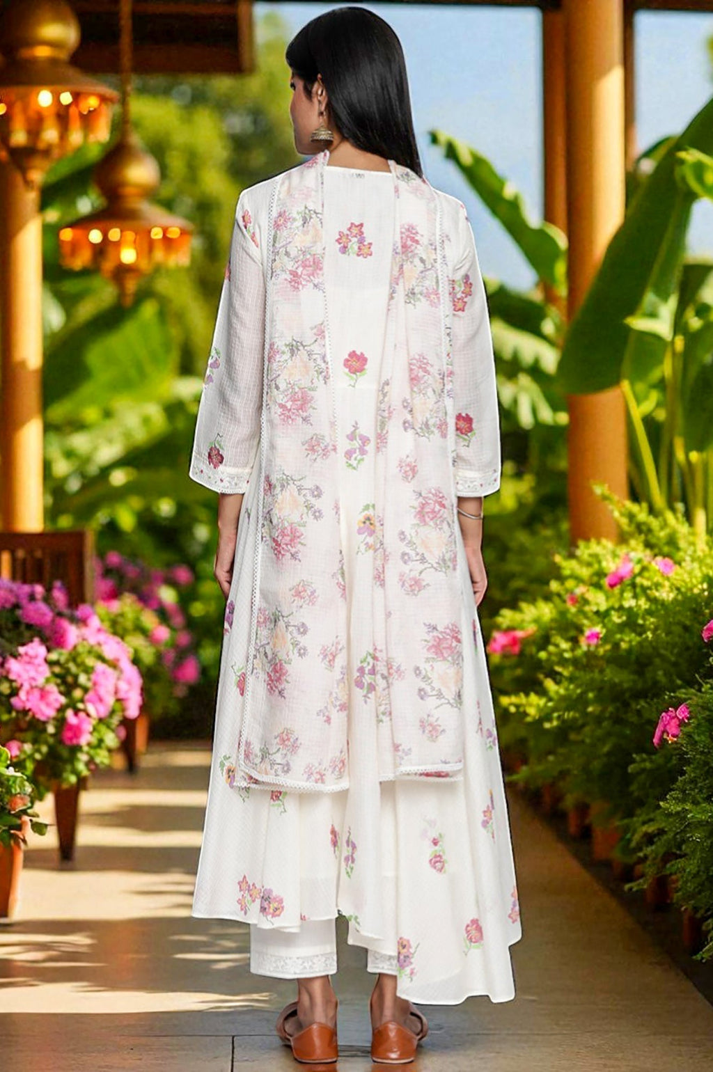 W for Woman Ecru Printed Kota Flared Kurta, Straight Pant and Dupatta Set | Grocsy