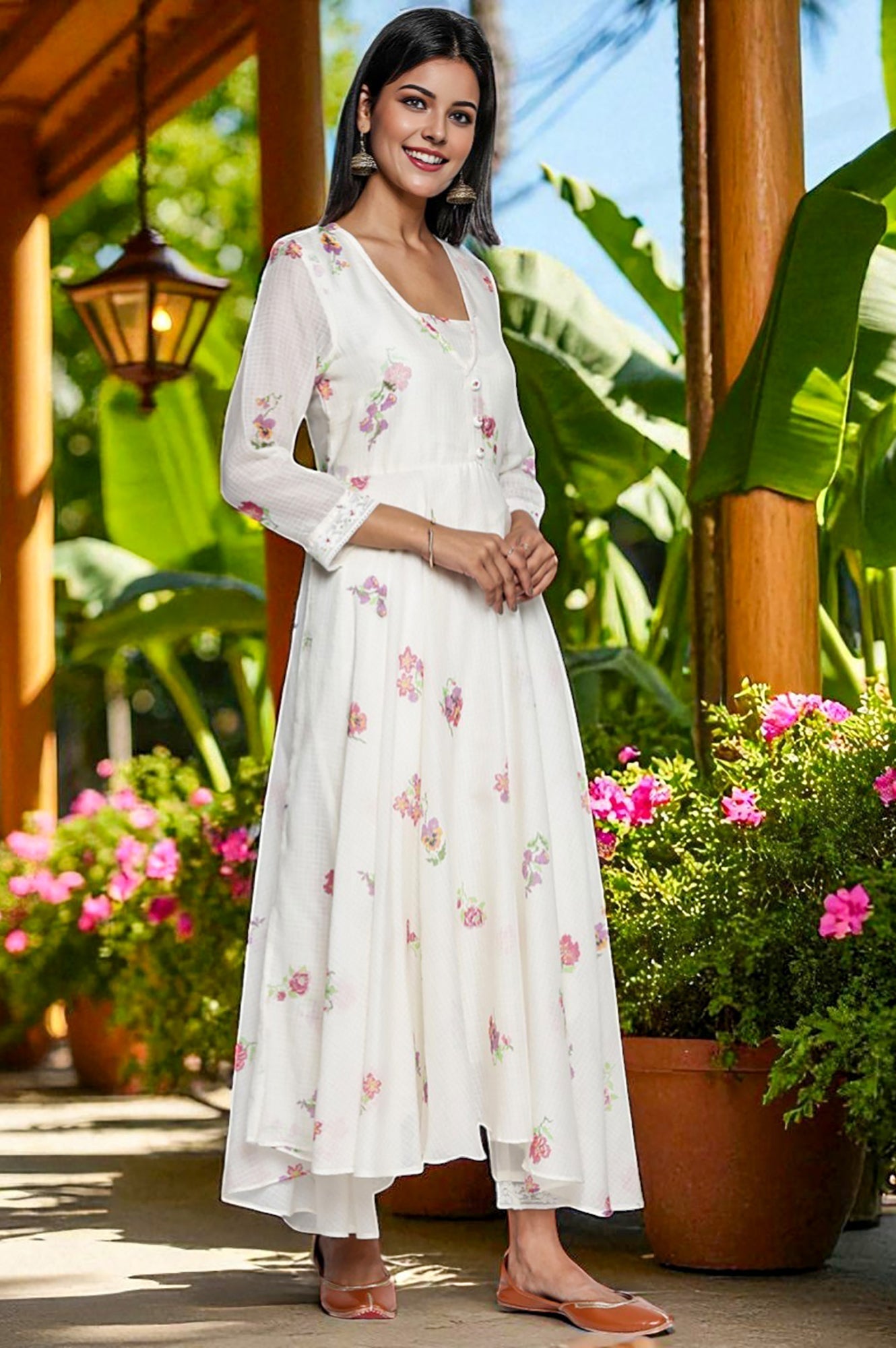 W for Woman Ecru Printed Kota Flared Kurta, Straight Pant and Dupatta Set | Grocsy