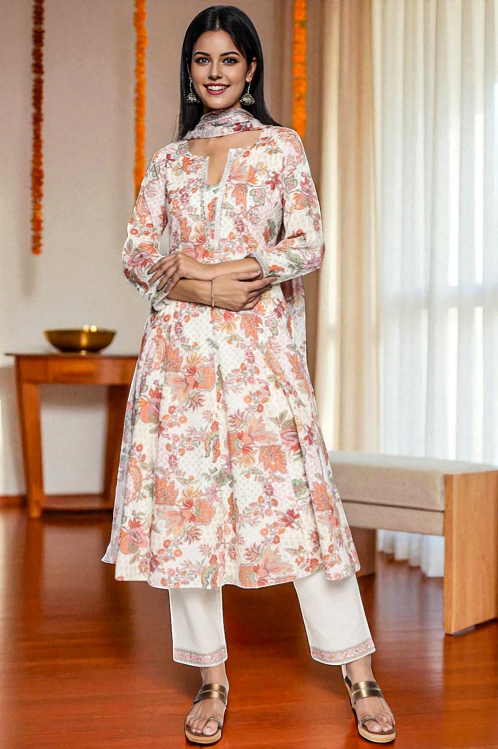 W for Woman Seashell White Printed Pure Cotton Flared Kurta, Straight Pant and Dupatta Set | Grocsy