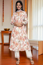 W for Woman Seashell White Printed Pure Cotton Flared Kurta, Straight Pant and Dupatta Set | Grocsy