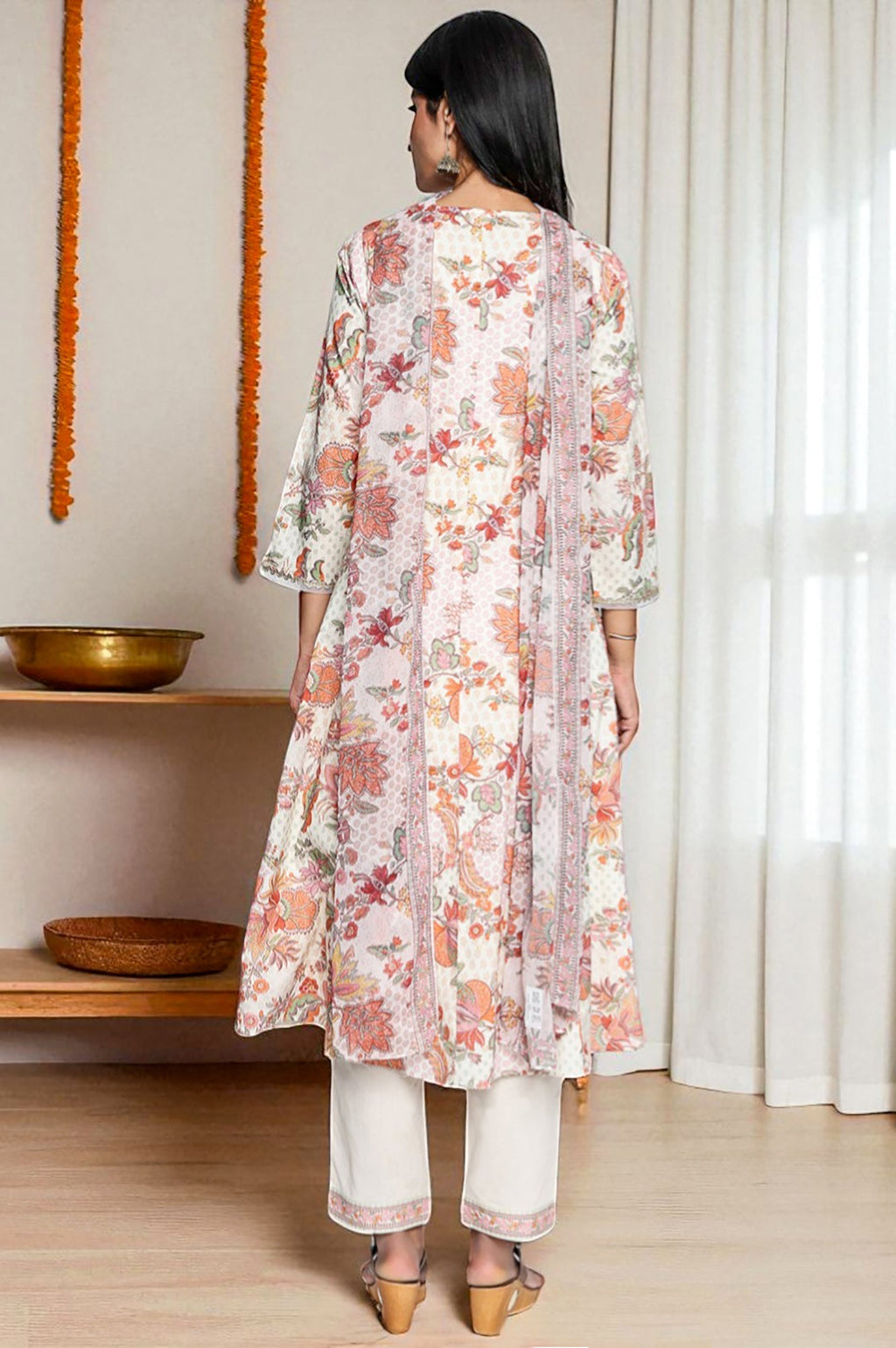 W for Woman Seashell White Printed Pure Cotton Flared Kurta, Straight Pant and Dupatta Set | Grocsy