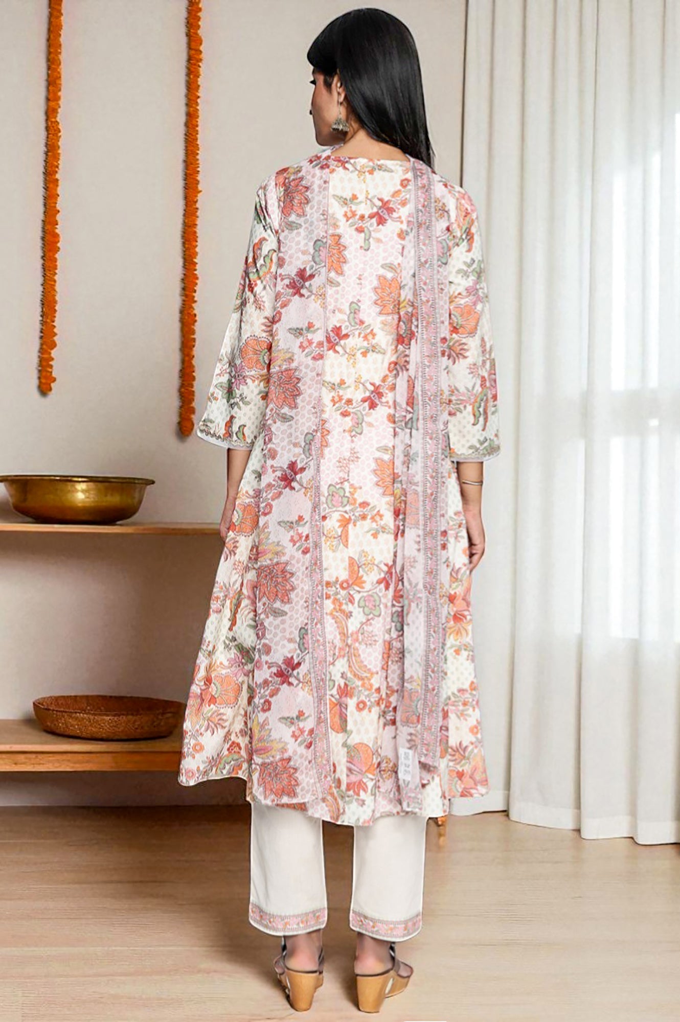 W for Woman Seashell White Printed Pure Cotton Flared Kurta, Straight Pant and Dupatta Set | Grocsy