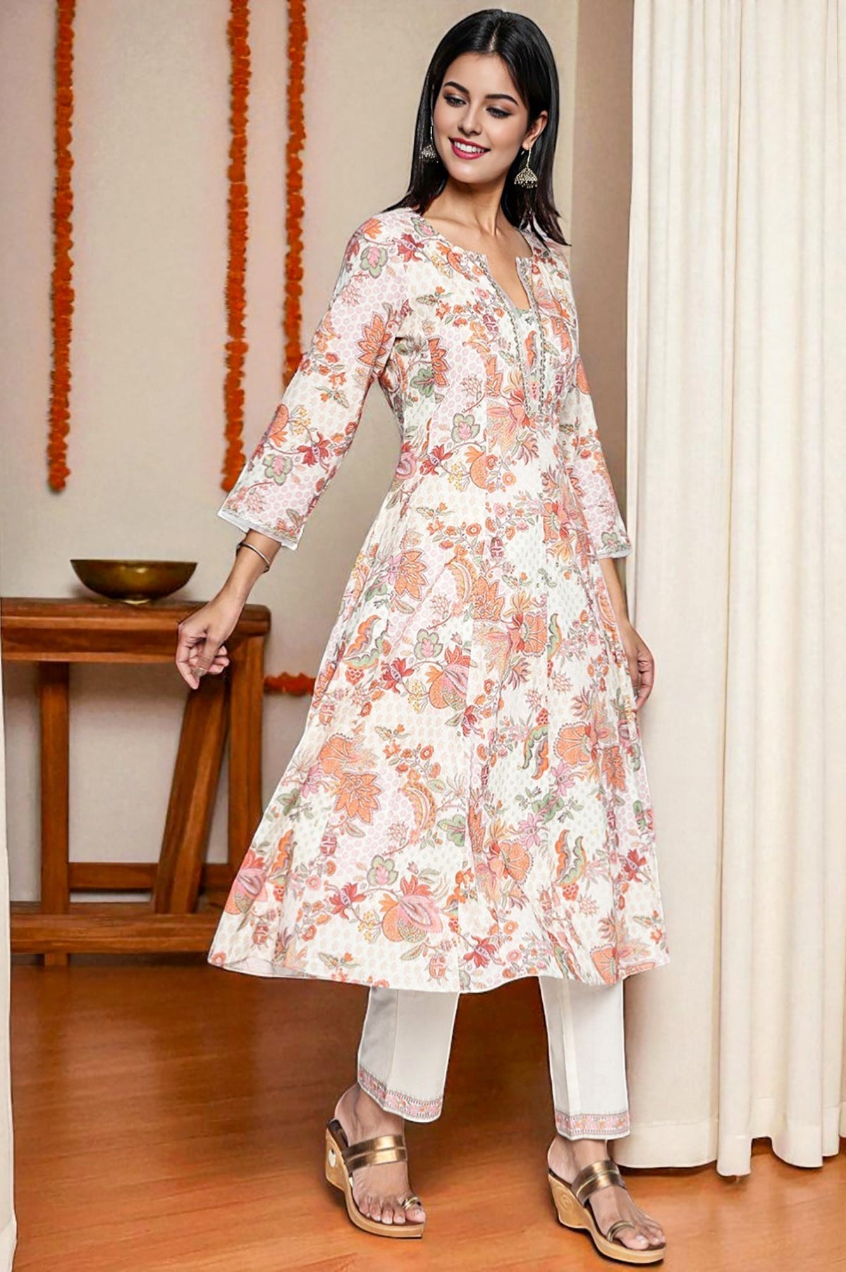 W for Woman Seashell White Printed Pure Cotton Flared Kurta, Straight Pant and Dupatta Set | Grocsy