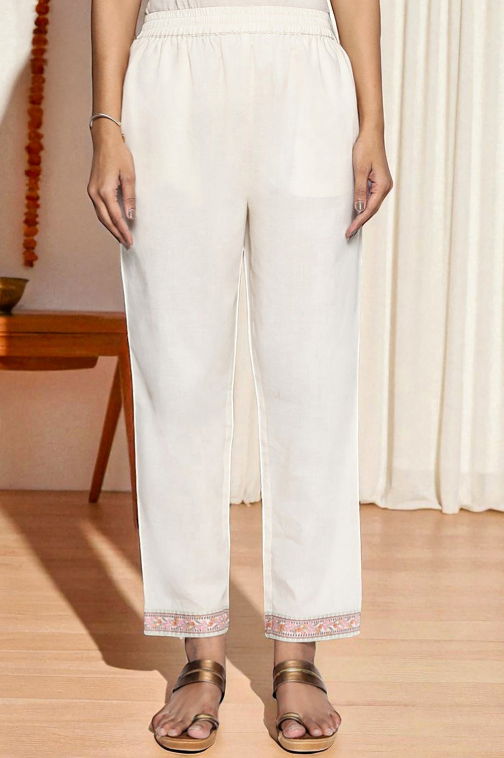 W for Woman Seashell White Printed Pure Cotton Flared Kurta, Straight Pant and Dupatta Set | Grocsy