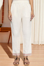 W for Woman Seashell White Printed Pure Cotton Flared Kurta, Straight Pant and Dupatta Set | Grocsy