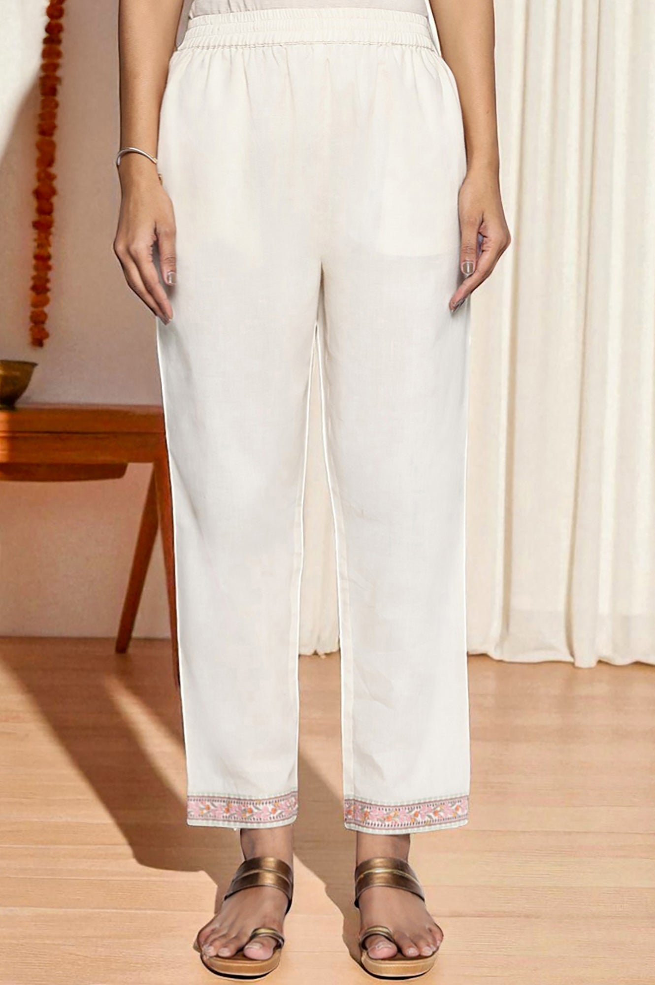 W for Woman Seashell White Printed Pure Cotton Flared Kurta, Straight Pant and Dupatta Set | Grocsy